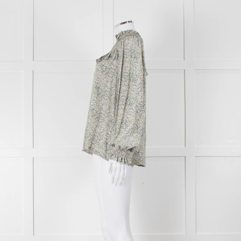 Masscob Green Grey Floral Smock Silk Top
