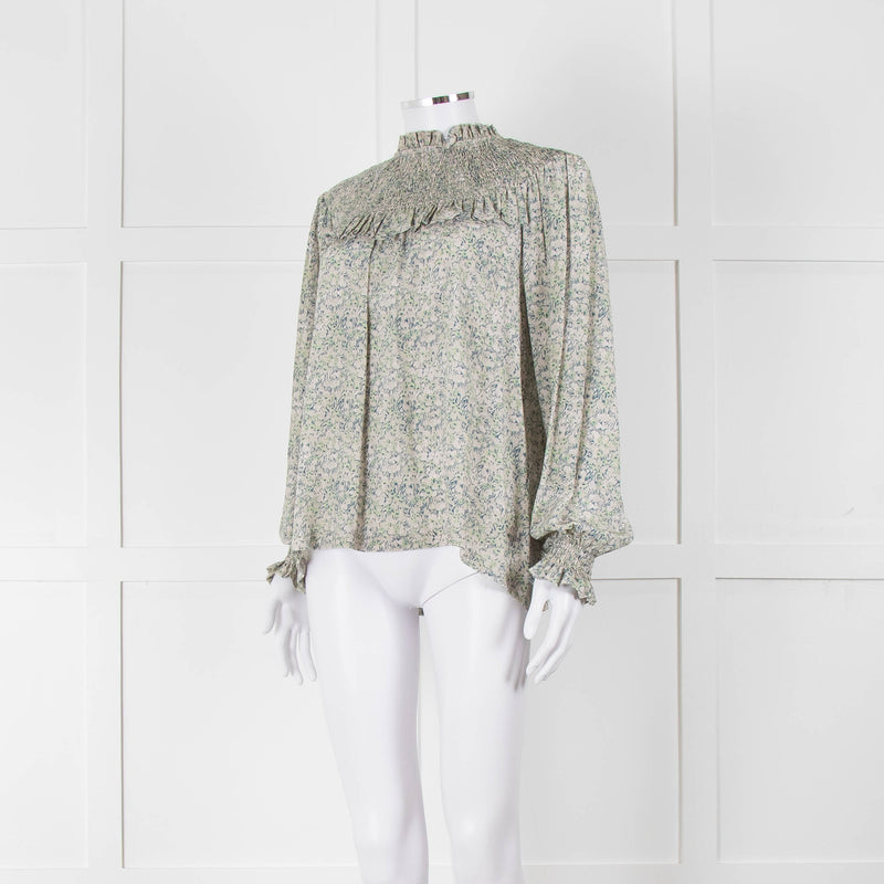 Masscob Green Grey Floral Smock Silk Top
