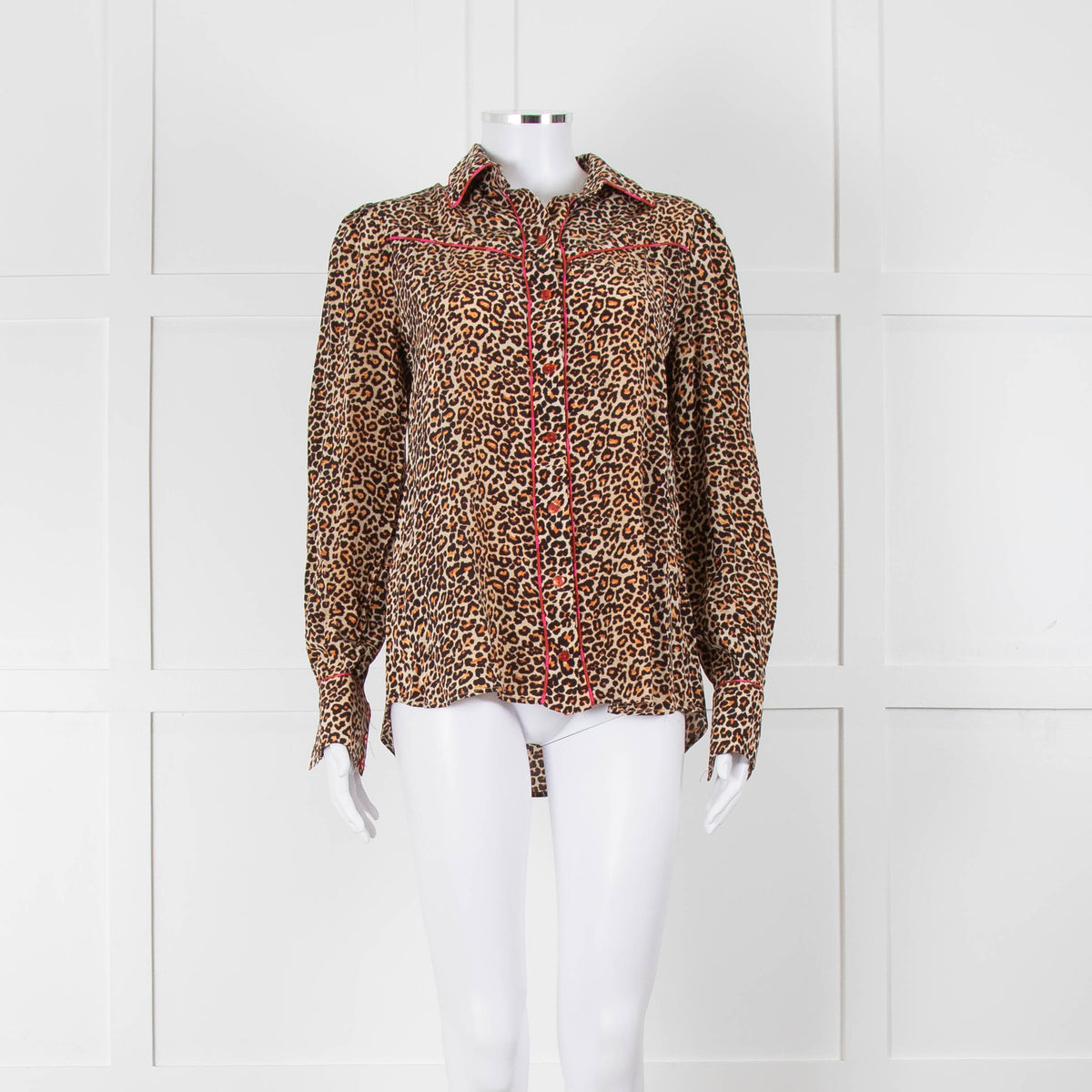 Tabitha Webb Brown Animal Print Pink Trim Silk Shirt