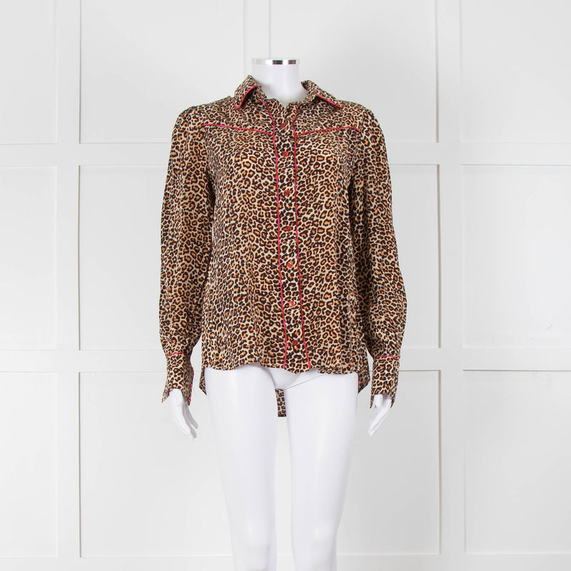 Tabitha Webb Brown Animal Print Pink Trim Silk Shirt