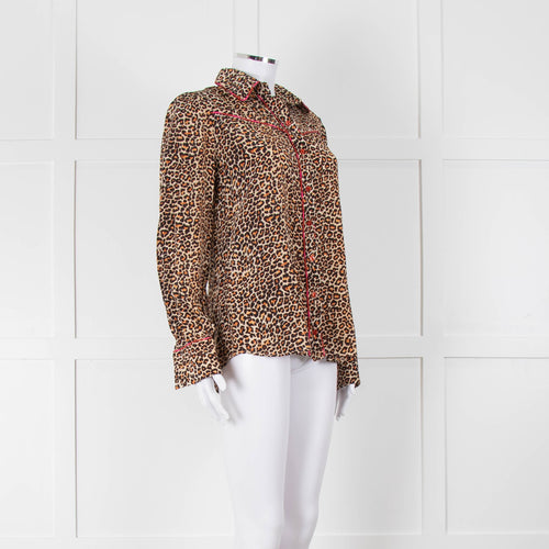 Tabitha Webb Brown Animal Print Pink Trim Silk Shirt