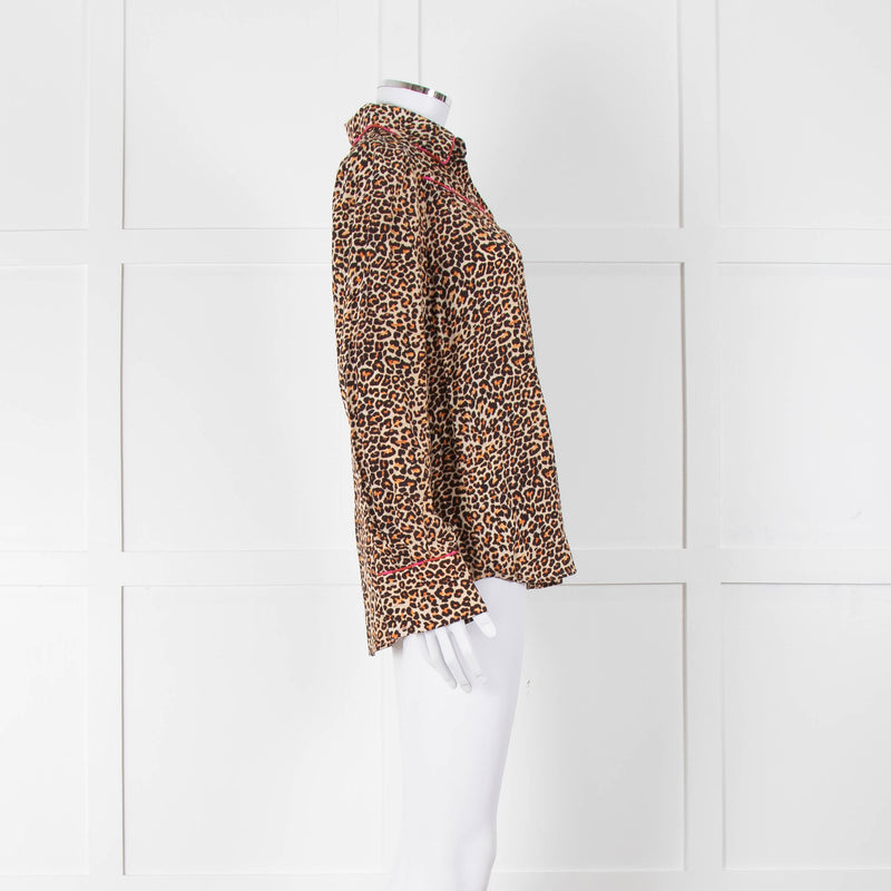 Tabitha Webb Brown Animal Print Pink Trim Silk Shirt