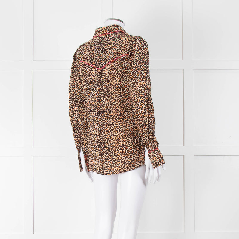 Tabitha Webb Brown Animal Print Pink Trim Silk Shirt