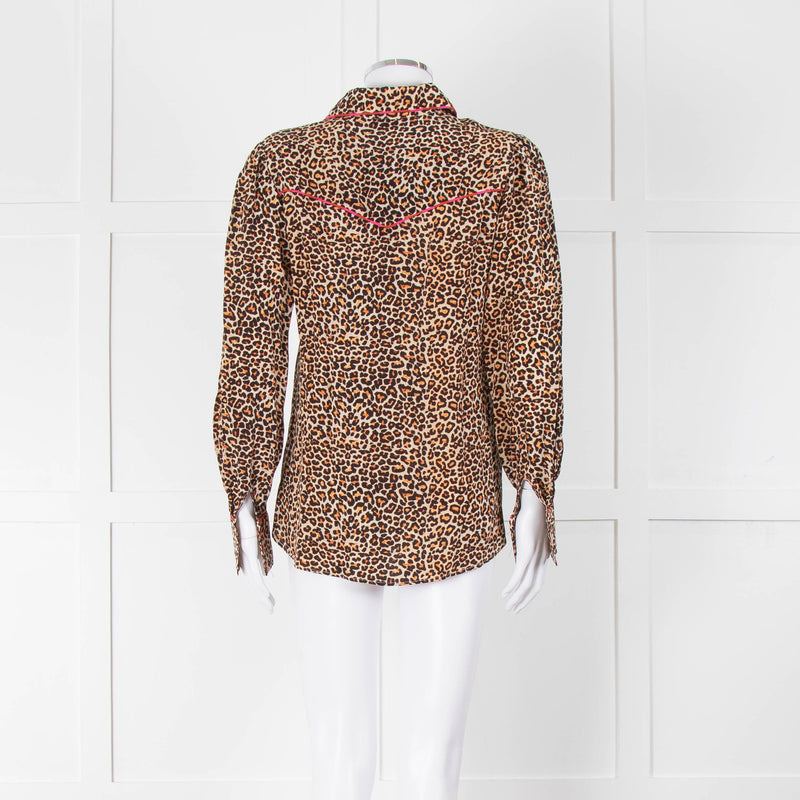 Tabitha Webb Brown Animal Print Pink Trim Silk Shirt