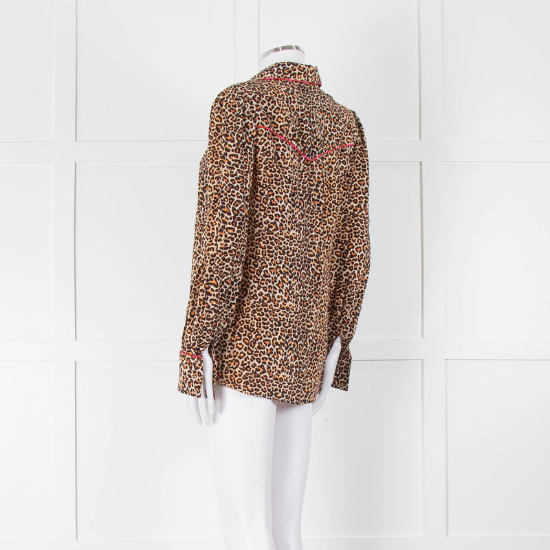 Tabitha Webb Brown Animal Print Pink Trim Silk Shirt