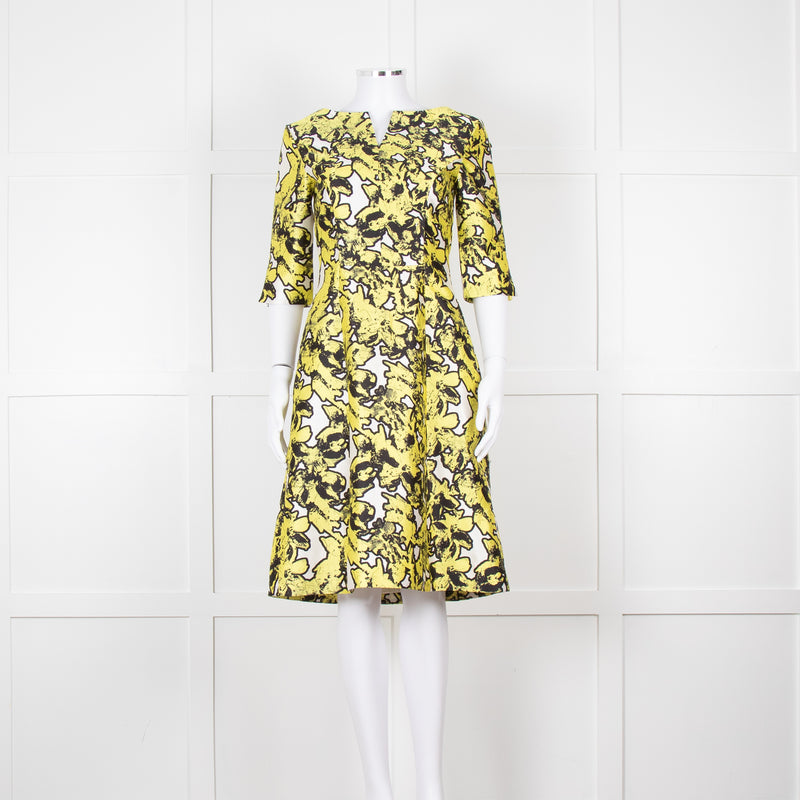 Oscar De La Renta White Yellow Black Silk 3/4 Sleeve Dress