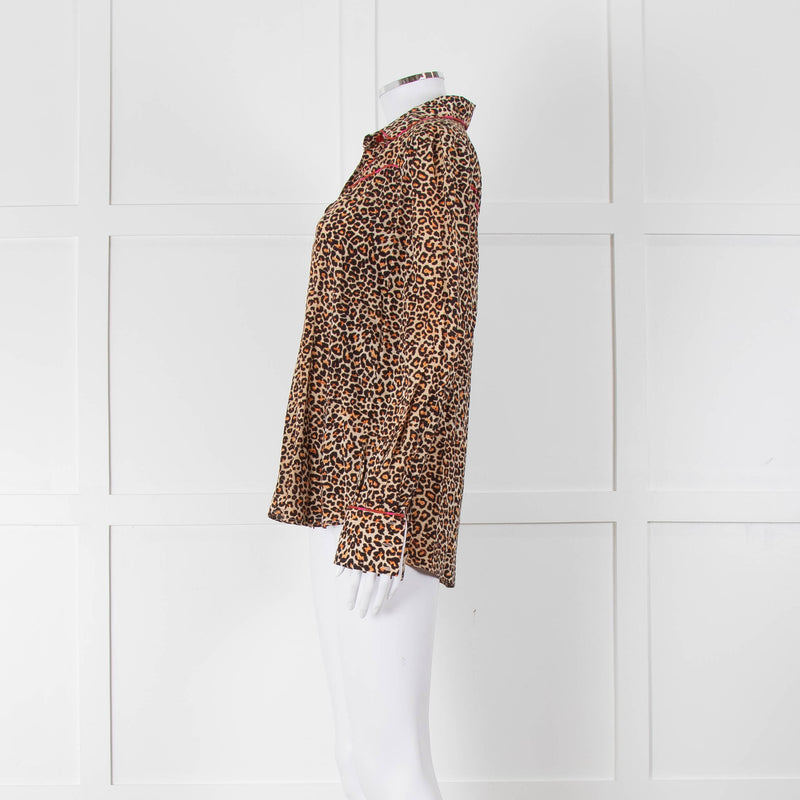 Tabitha Webb Brown Animal Print Pink Trim Silk Shirt