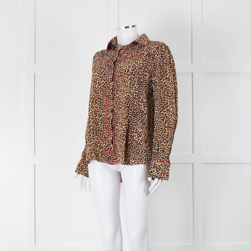 Tabitha Webb Brown Animal Print Pink Trim Silk Shirt