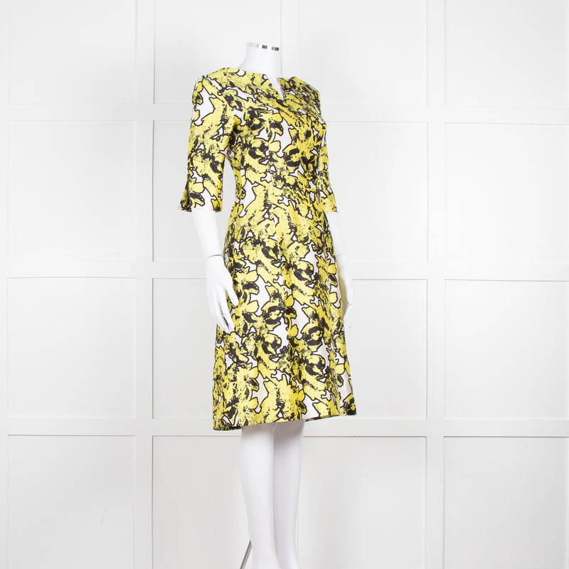 Oscar De La Renta White Yellow Black Silk 3/4 Sleeve Dress