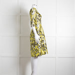 Oscar De La Renta White Yellow Black Silk 3/4 Sleeve Dress