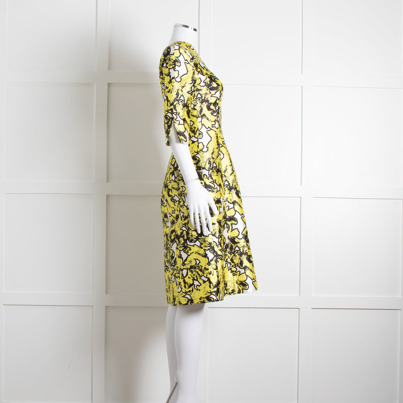 Oscar De La Renta White Yellow Black Silk 3/4 Sleeve Dress
