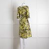 Oscar De La Renta White Yellow Black Silk 3/4 Sleeve Dress