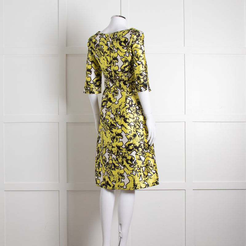 Oscar De La Renta White Yellow Black Silk 3/4 Sleeve Dress