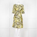 Oscar De La Renta White Yellow Black Silk 3/4 Sleeve Dress
