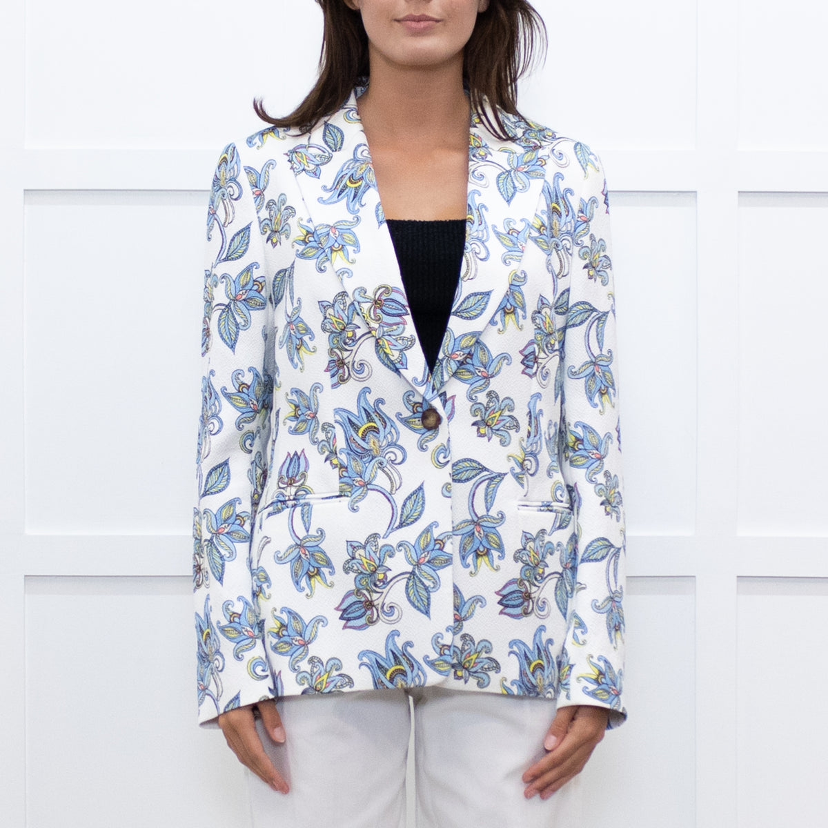 Escada White Blue Floral Blazer Jacket