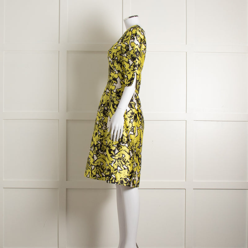 Oscar De La Renta White Yellow Black Silk 3/4 Sleeve Dress