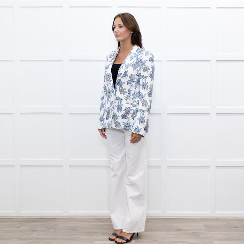 Escada White Blue Floral Blazer Jacket