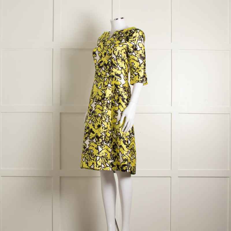 Oscar De La Renta White Yellow Black Silk 3/4 Sleeve Dress