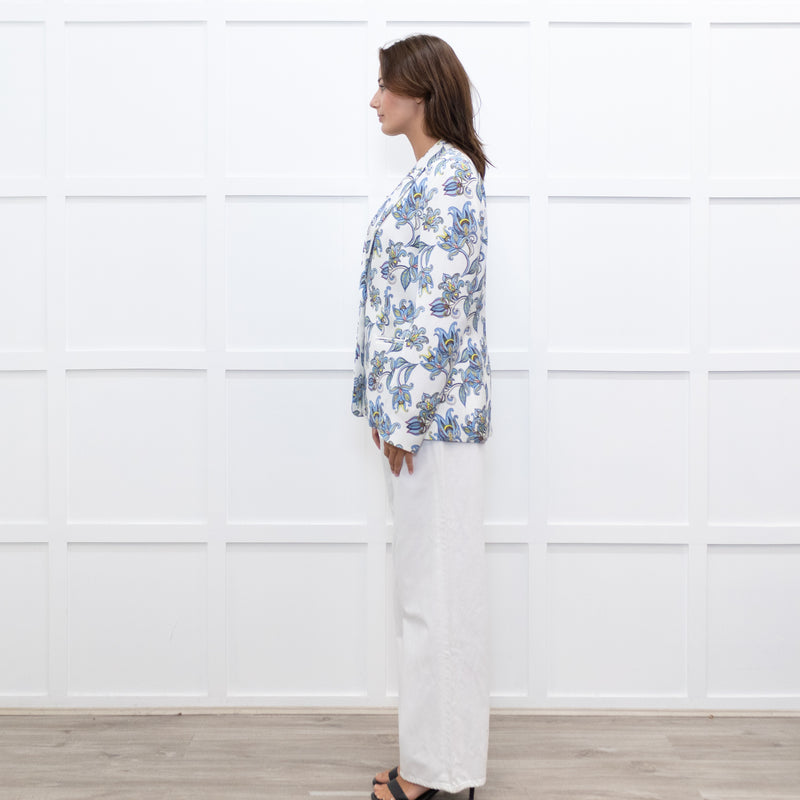 Escada White Blue Floral Blazer Jacket