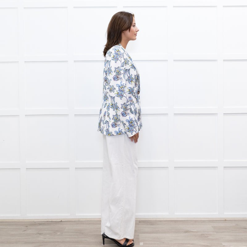 Escada White Blue Floral Blazer Jacket