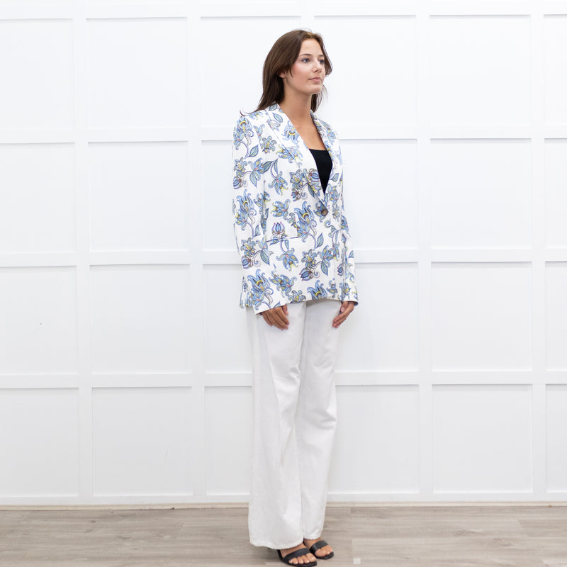 Escada White Blue Floral Blazer Jacket