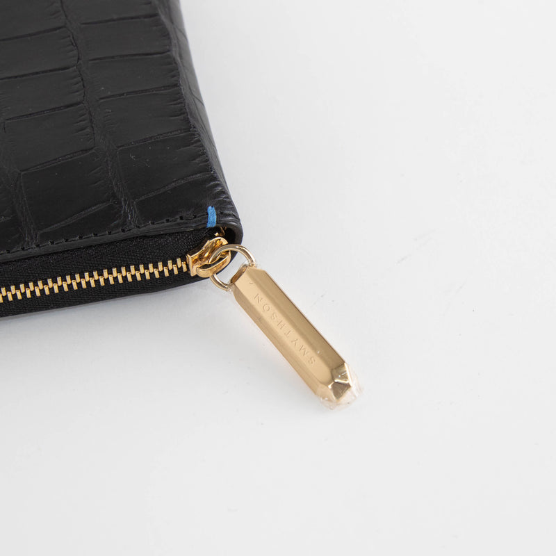 Smythson Black Croc Embossed Leather Zip Around Wallet
