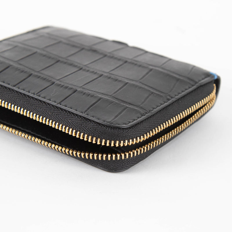 Smythson Black Croc Embossed Leather Zip Around Wallet