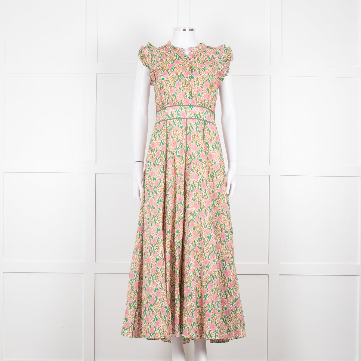 Me + Em Pink Green Orange Cotton Floral Ruffle Trim Sleeveless Max Dress
