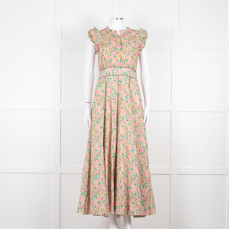 Me + Em Pink Green Orange Cotton Floral Ruffle Trim Sleeveless Max Dress