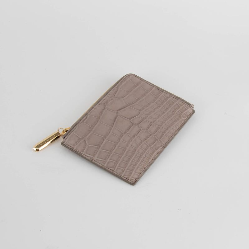 Smythson Taupe Croc Embossed Leather Zip Up Flat Wallet
