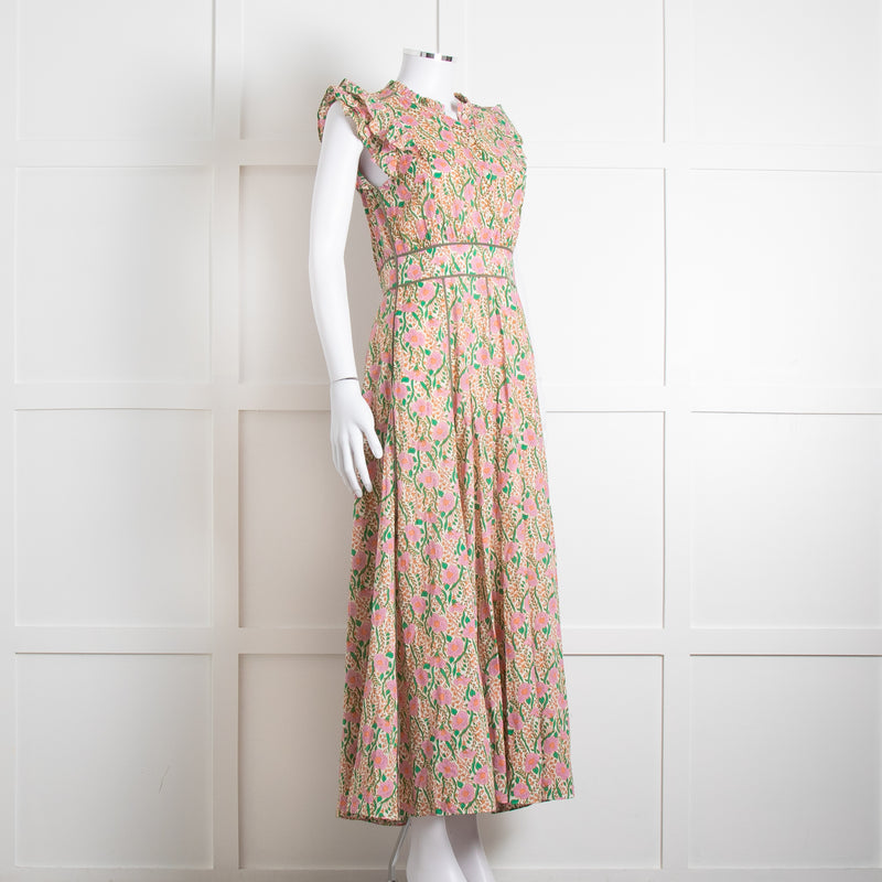 Me + Em Pink Green Orange Cotton Floral Ruffle Trim Sleeveless Max Dress