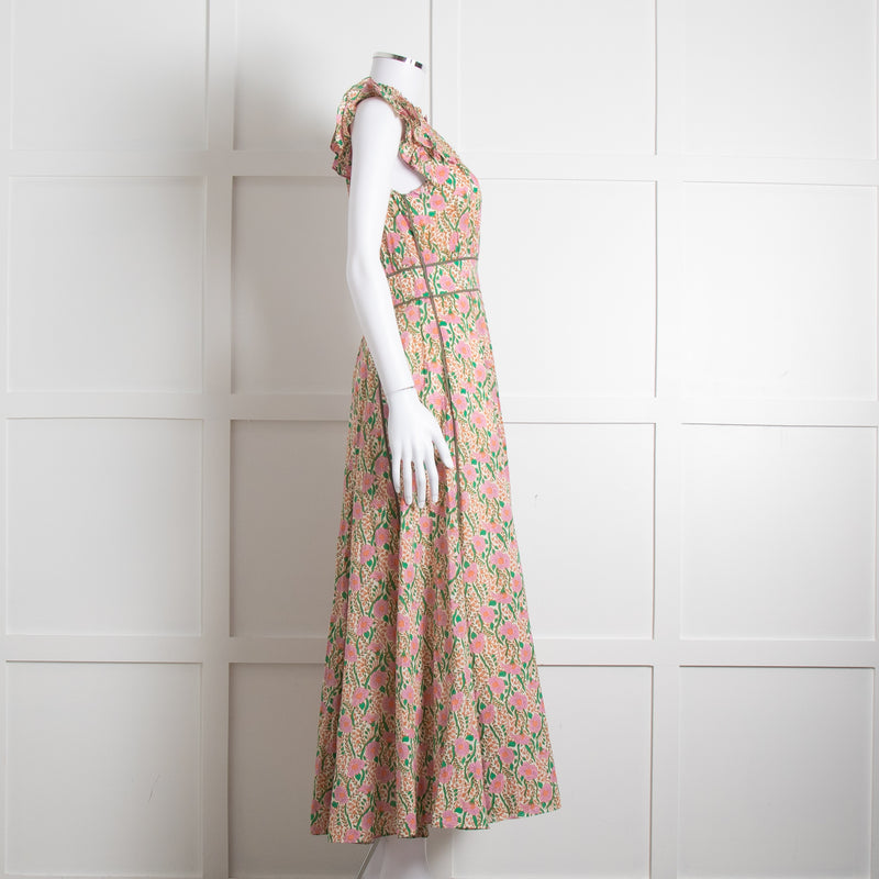 Me + Em Pink Green Orange Cotton Floral Ruffle Trim Sleeveless Max Dress