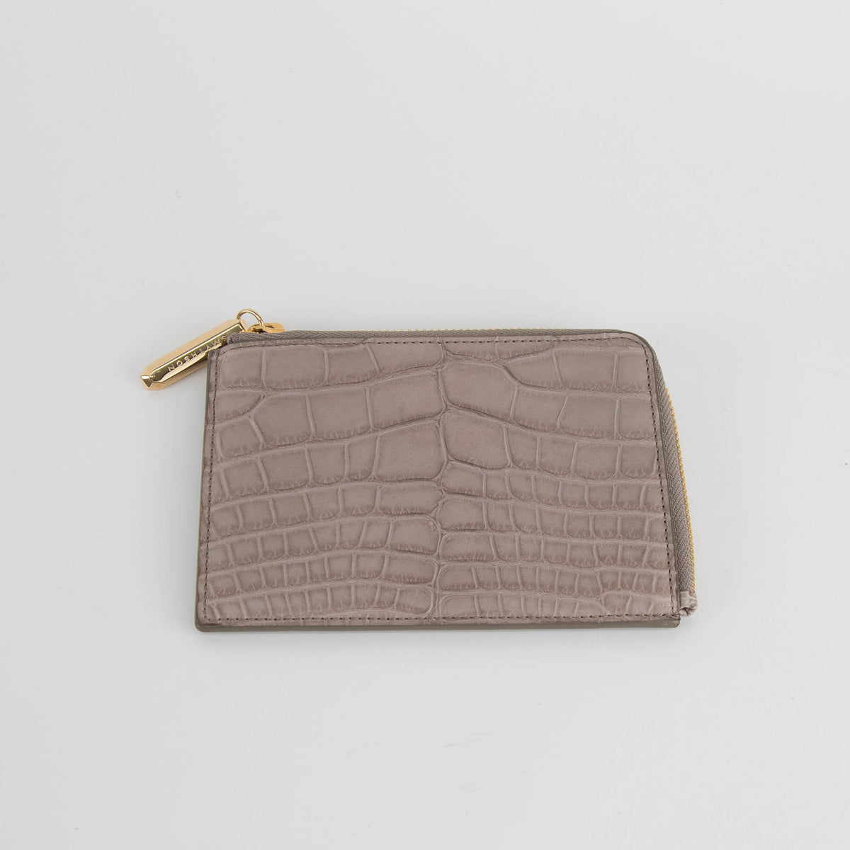 Smythson Taupe Croc Embossed Leather Zip Up Flat Wallet