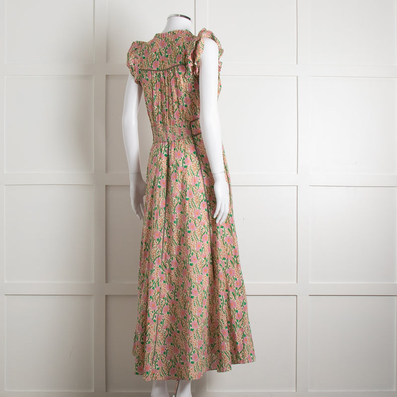 Me + Em Pink Green Orange Cotton Floral Ruffle Trim Sleeveless Max Dress