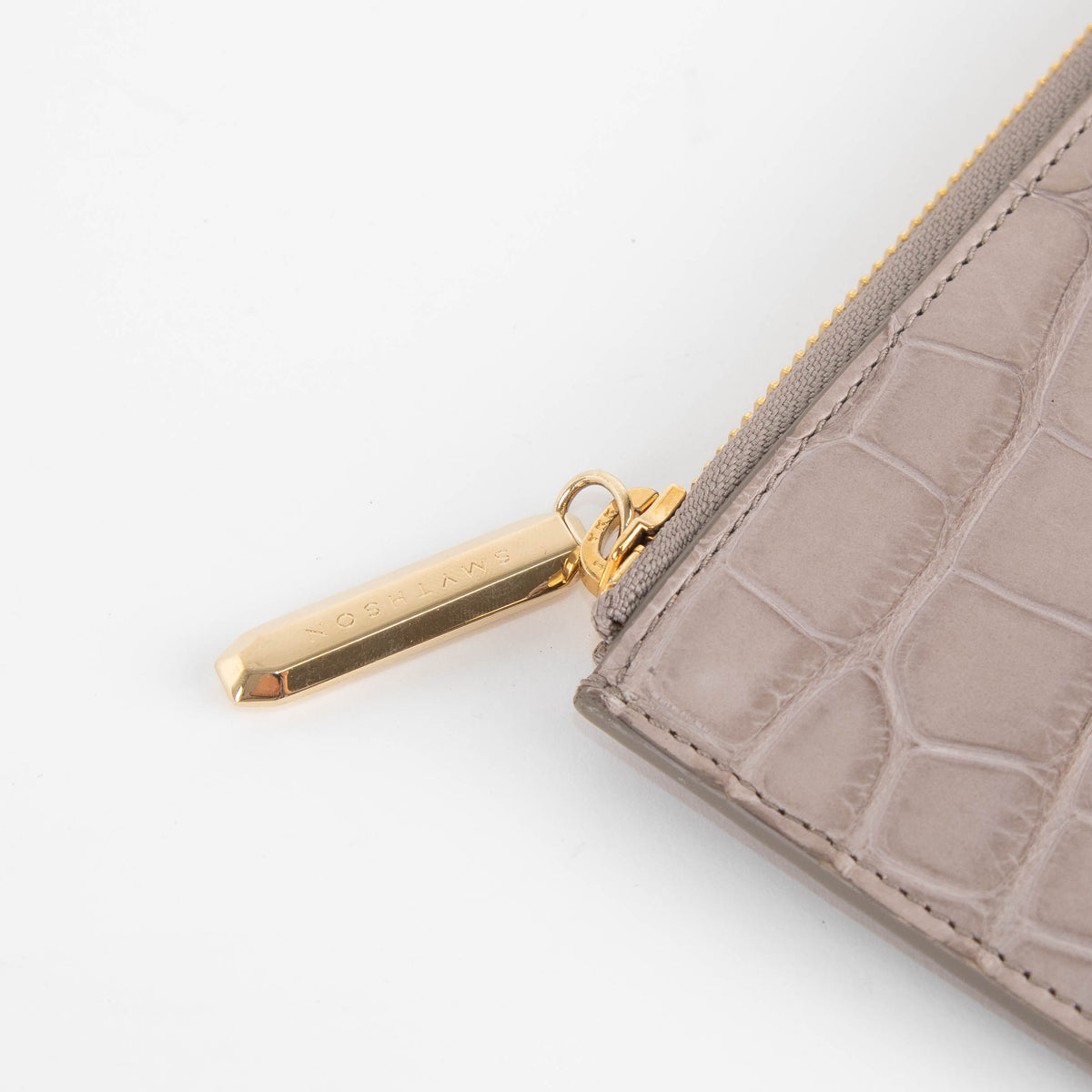 Smythson Taupe Croc Embossed Leather Zip Up Flat Wallet