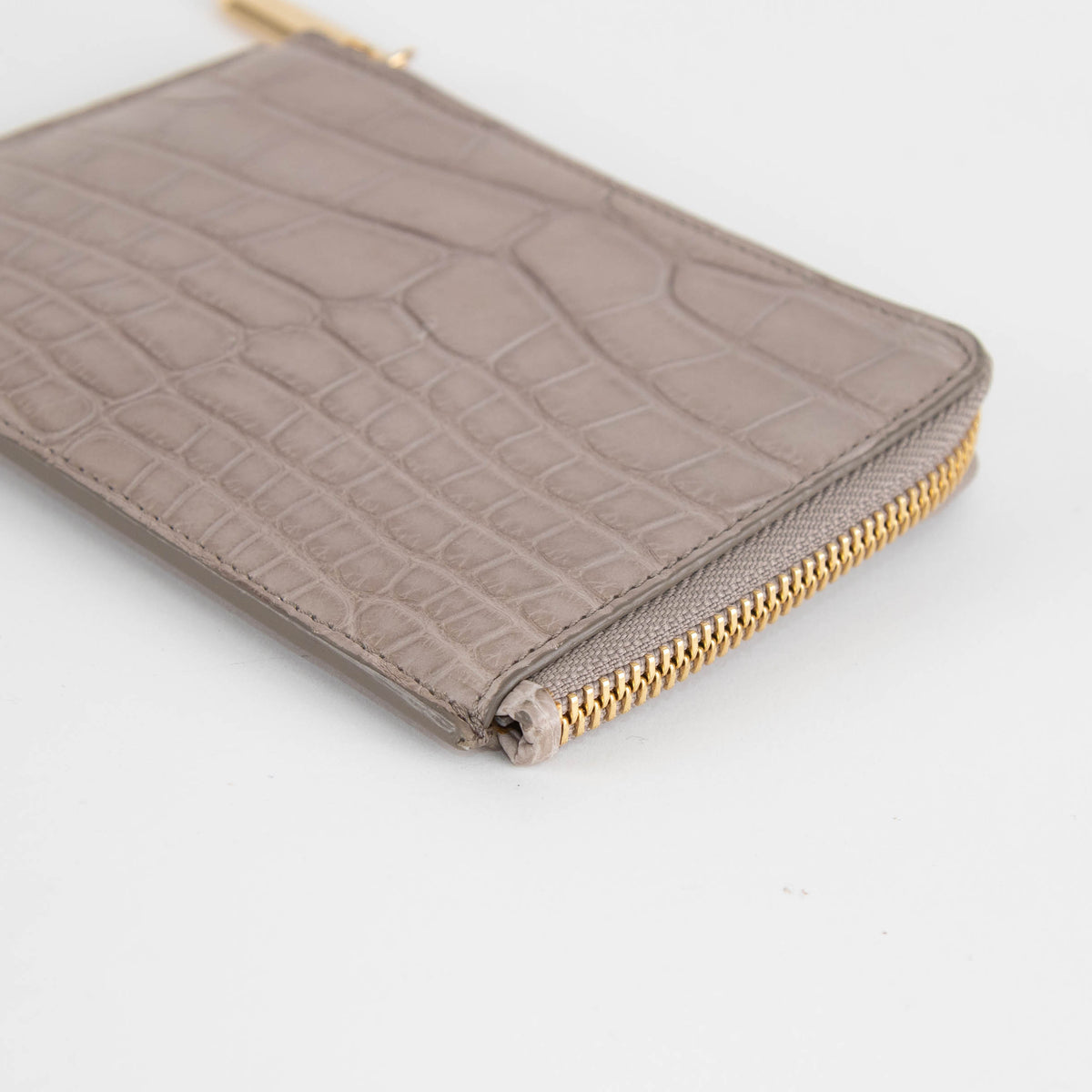 Smythson Taupe Croc Embossed Leather Zip Up Flat Wallet