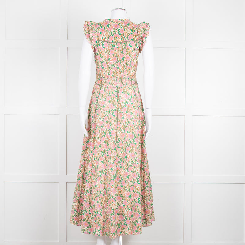 Me + Em Pink Green Orange Cotton Floral Ruffle Trim Sleeveless Max Dress