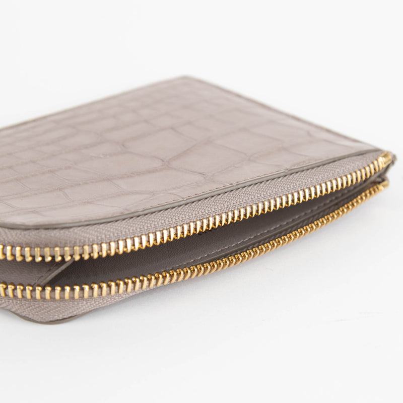 Smythson Taupe Croc Embossed Leather Zip Up Flat Wallet