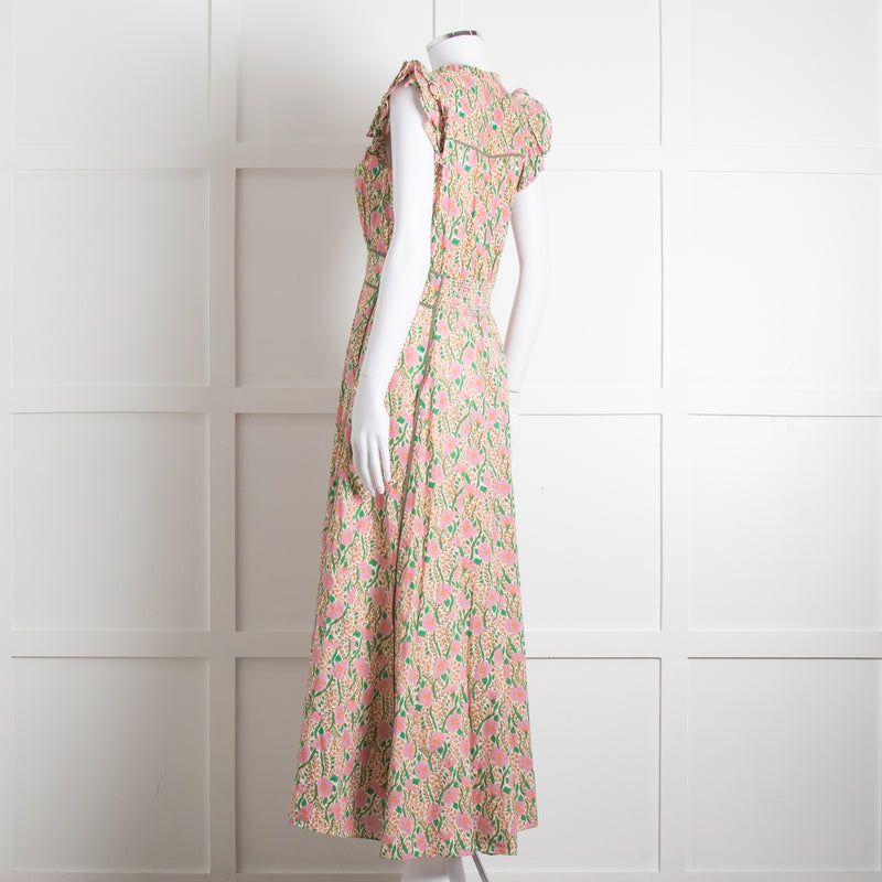 Me + Em Pink Green Orange Cotton Floral Ruffle Trim Sleeveless Max Dress