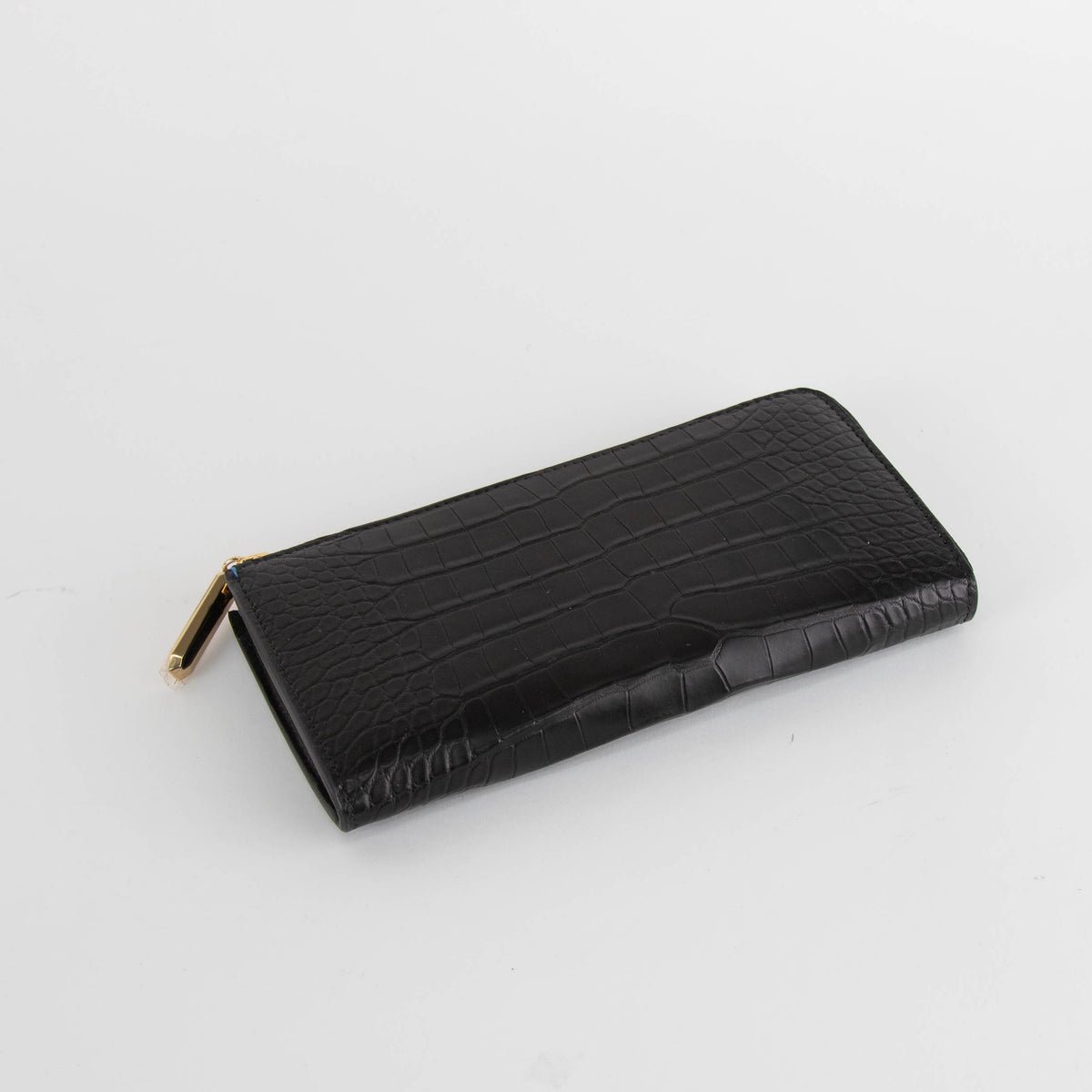 Smythson Black Croc Embossed Zip Up Long Wallet
