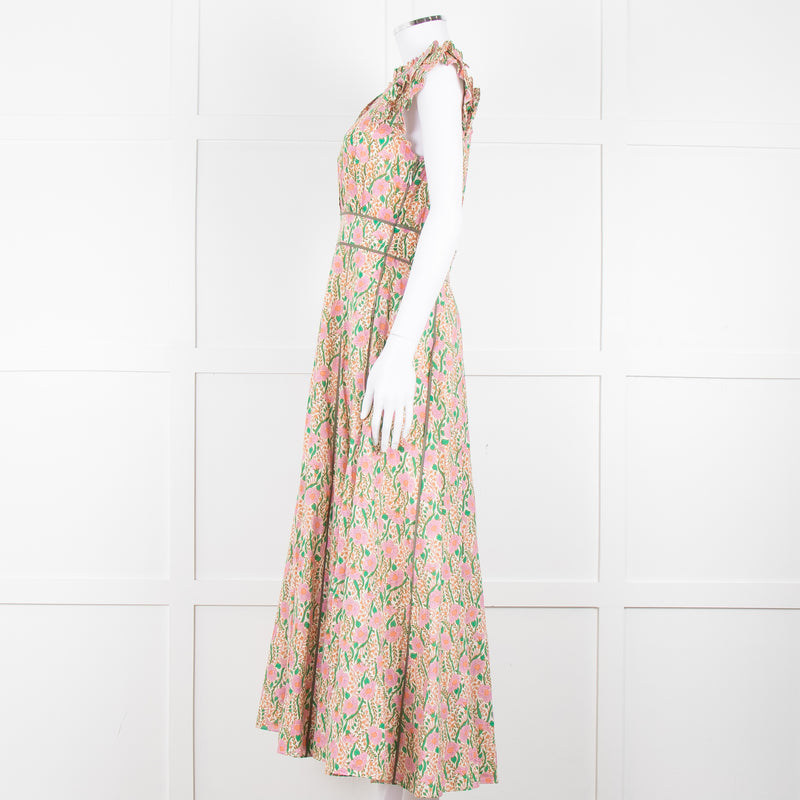 Me + Em Pink Green Orange Cotton Floral Ruffle Trim Sleeveless Max Dress