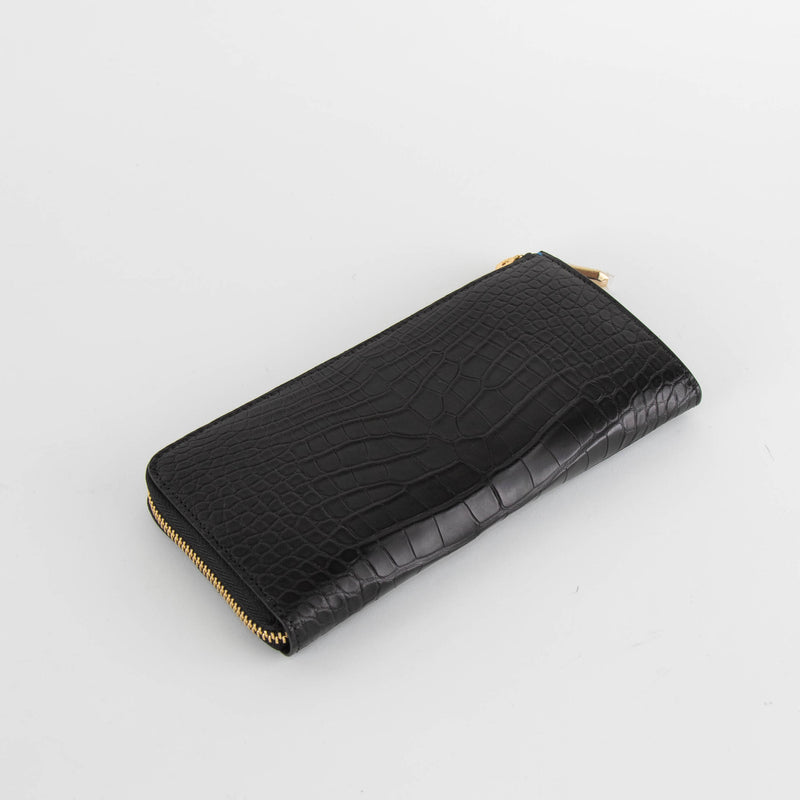 Smythson Black Croc Embossed Zip Up Long Wallet