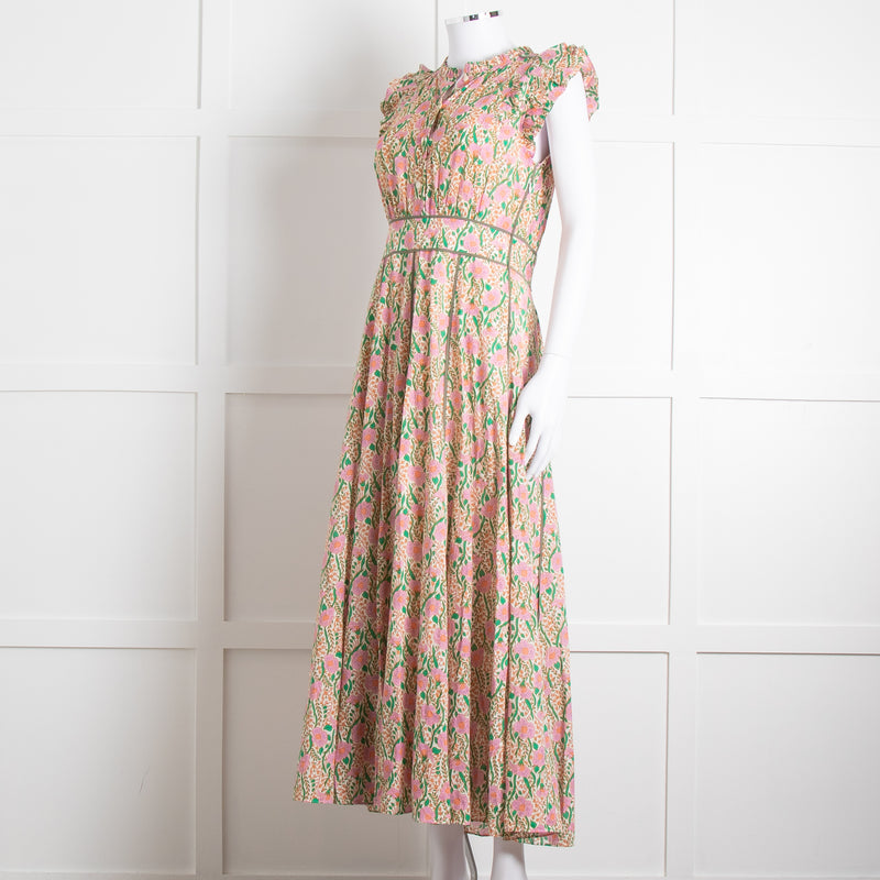 Me + Em Pink Green Orange Cotton Floral Ruffle Trim Sleeveless Max Dress