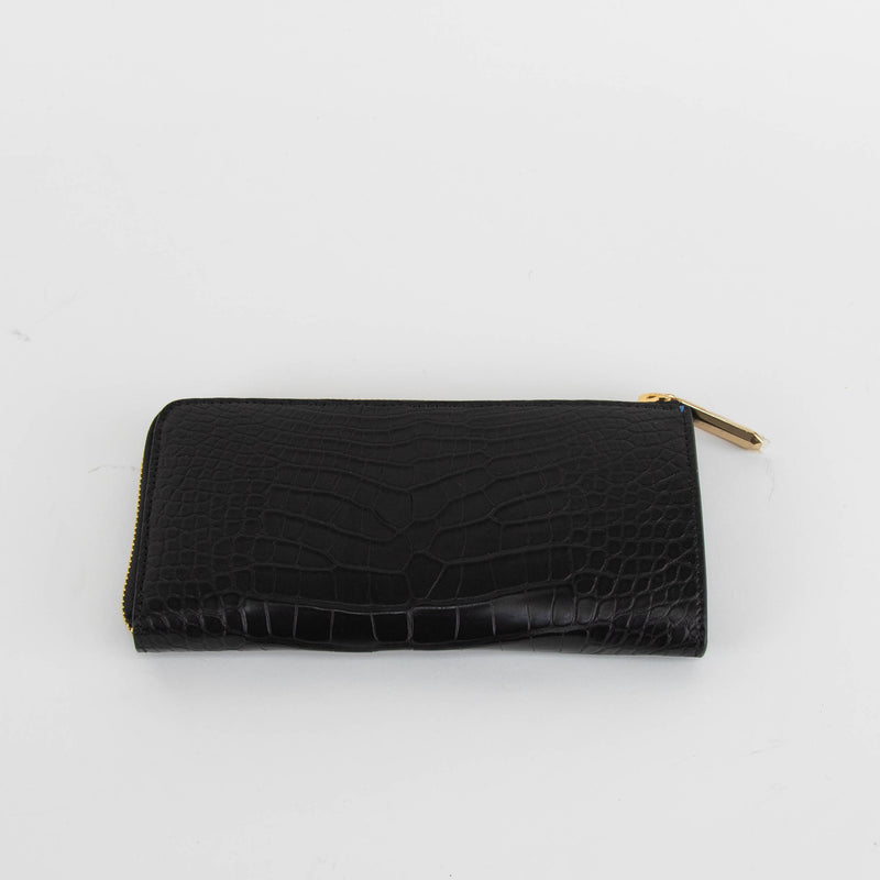 Smythson Black Croc Embossed Zip Up Long Wallet