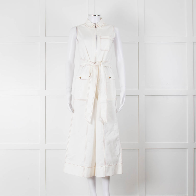 ME + EM Cream Brown Stitch Sleeveless Belted Jumpsuit