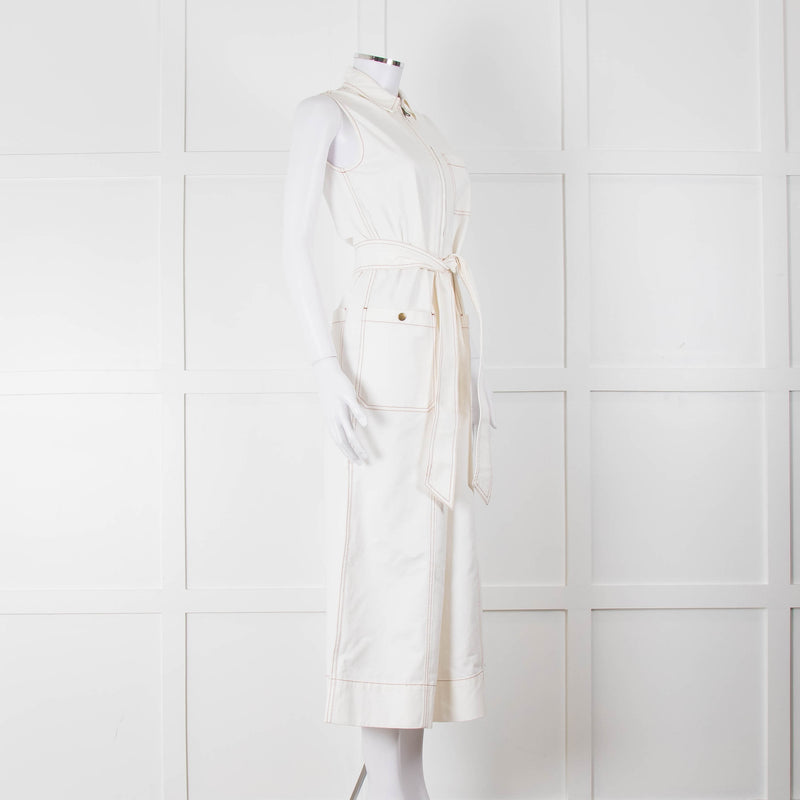 ME + EM Cream Brown Stitch Sleeveless Belted Jumpsuit
