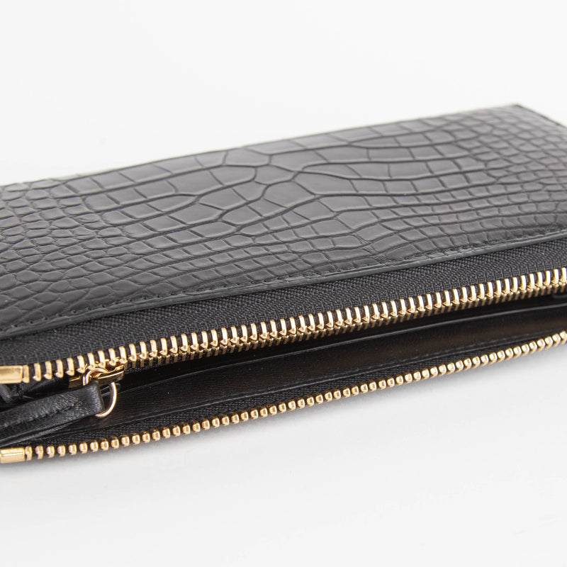 Smythson Black Croc Embossed Zip Up Long Wallet