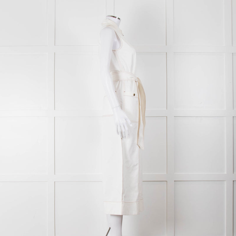 ME + EM Cream Brown Stitch Sleeveless Belted Jumpsuit