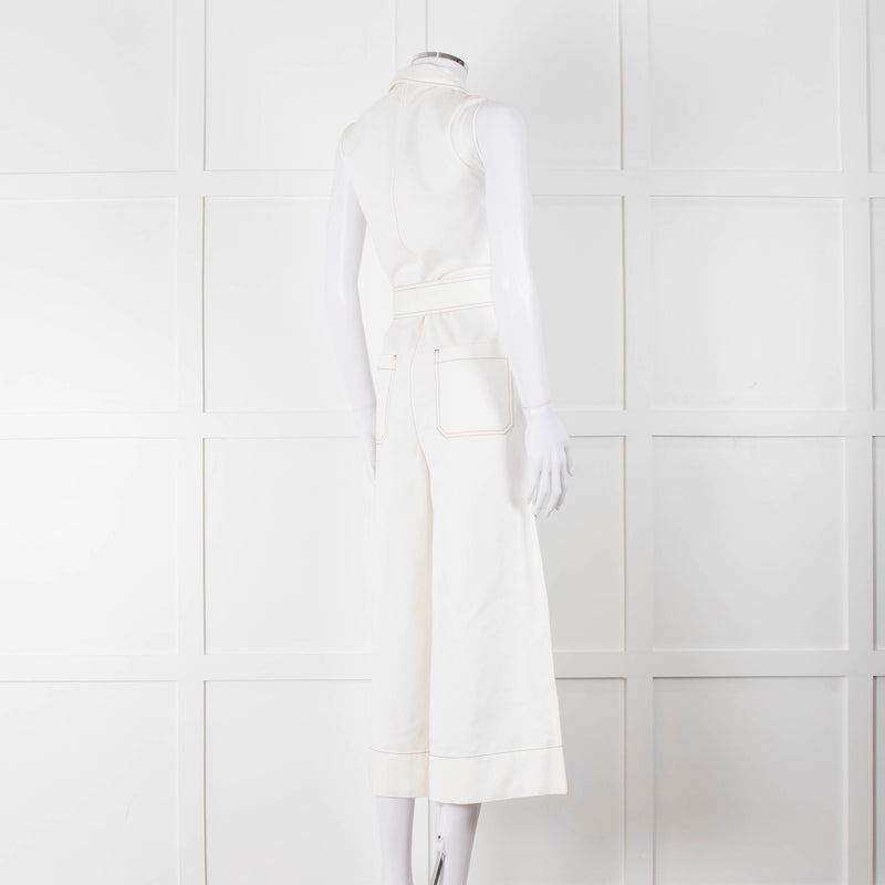 ME + EM Cream Brown Stitch Sleeveless Belted Jumpsuit
