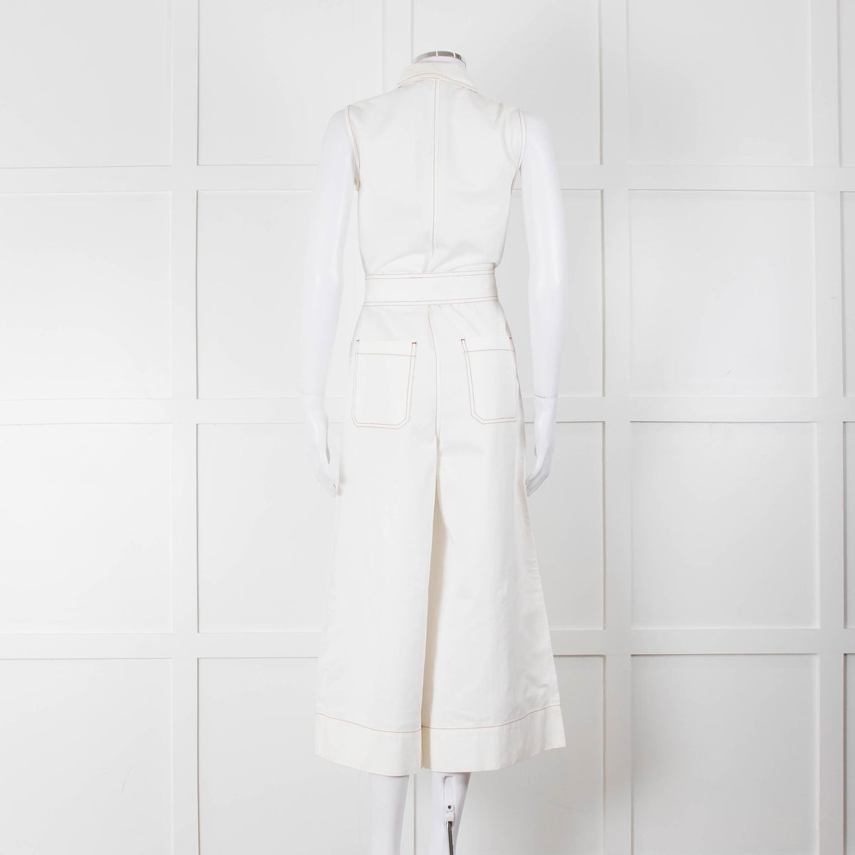 ME + EM Cream Brown Stitch Sleeveless Belted Jumpsuit